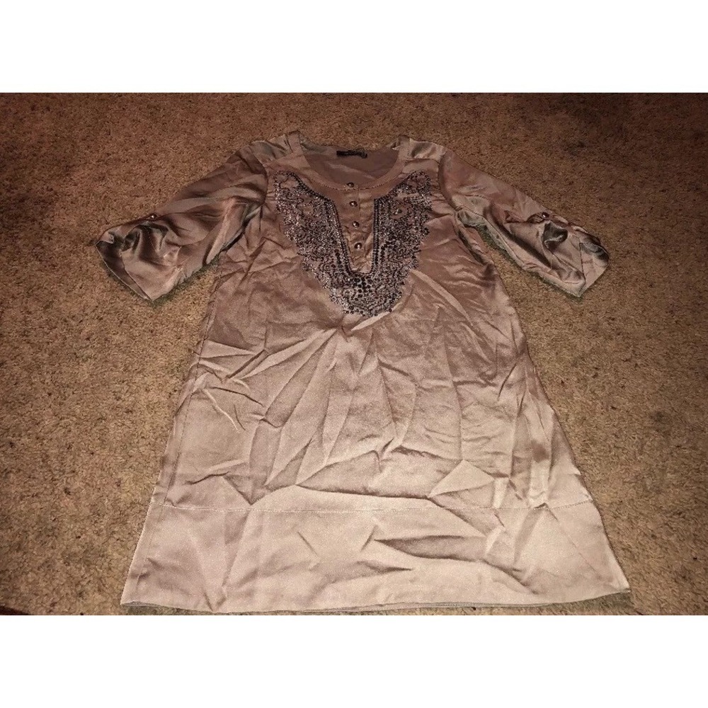 Theme‎ Womens Sz Small Taupe Brown Shirt Dress Polyester Button V Neck